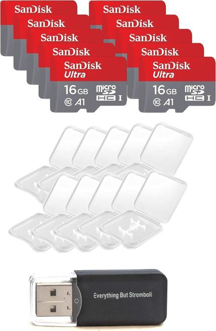 10 Pack - SanDisk Ultra 16GB Micro SD SDHC Memory Flash Card UHS-I Class 10 SDSQUAR-016G-GN6MN Wholesale Lot with 10 Plastic Jewel Cases and (1) Everything But Stromboli (TM) Card Reader