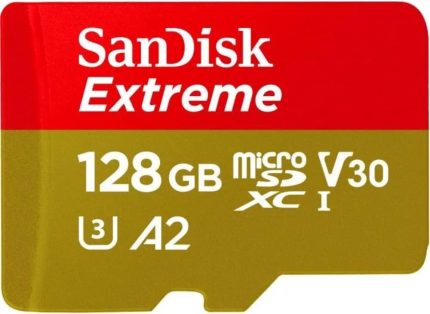 SanDisk 128GB Extreme microSD UHS I Card for 4K Video on Smartphones, Action Cams & Drones 190MB/s Read, 90MB/s Write SDSQXAA 128G GN6MN, Red/Gold image 0