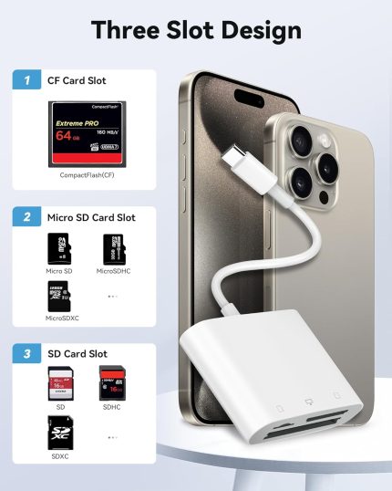 SD Card Reader USB C for iPhone 15/Android Phone/iPad/Mac/Laptop, Three Card Slot Micro SD Card Reader Supports SD Micro SD CF Card, Digital Camera Viewer Memory Card Reader Plug and Play image 1